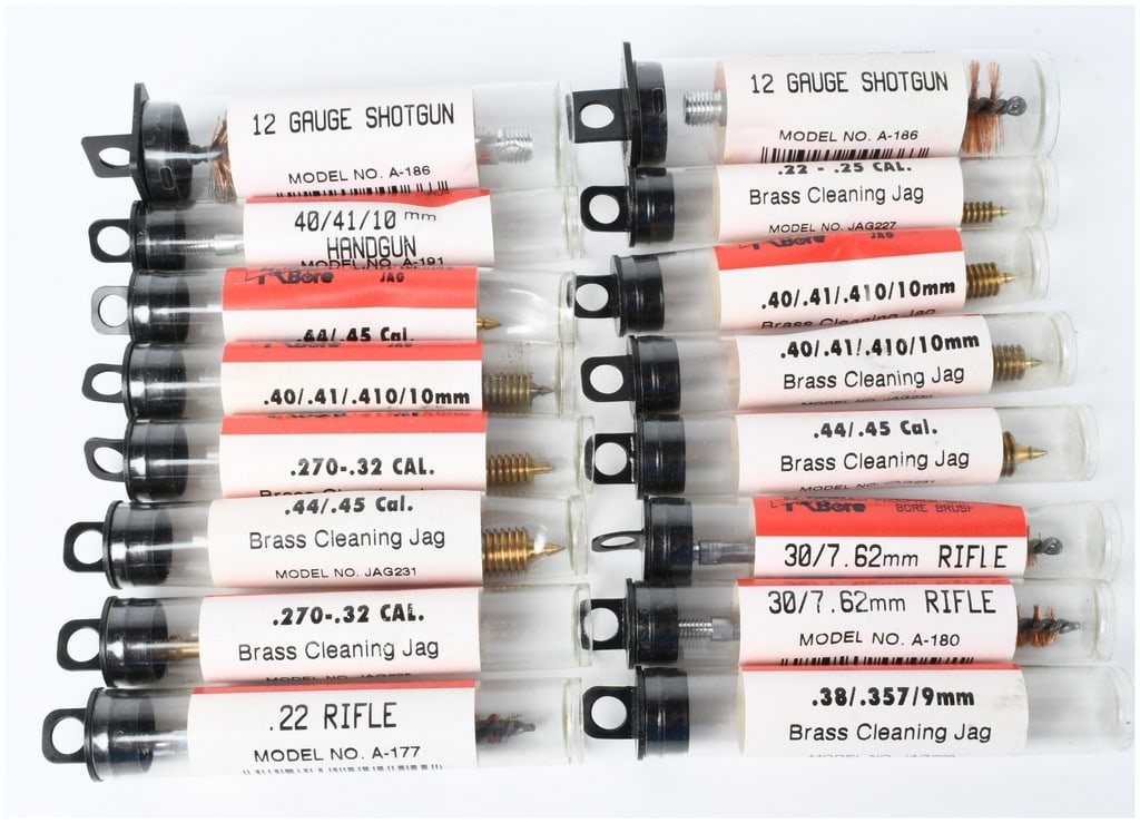 A Collection of 16 Kleen-Bore Phosphor Bronze Bore Brushes and Brass Cleaning Jags: This lot consists of a collection of 16 firearm cleaning accessories manufactured by Kleen-Bore, comprising six phosphor bronze bore brushes and ten brass cleaning jags for various handgun, rifle, and