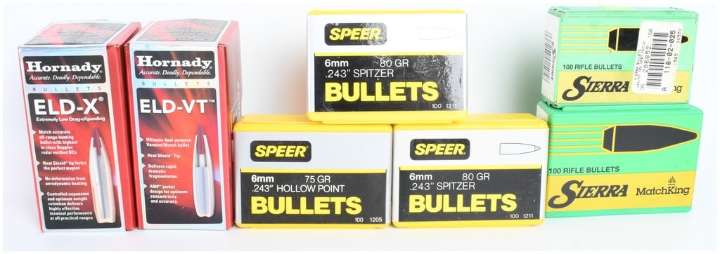 A Lot of 7 Boxes and 1 Bag of Hornady, Speer, and Sierra 6mm/.243 Caliber Rifle Bullets (1 of 3)