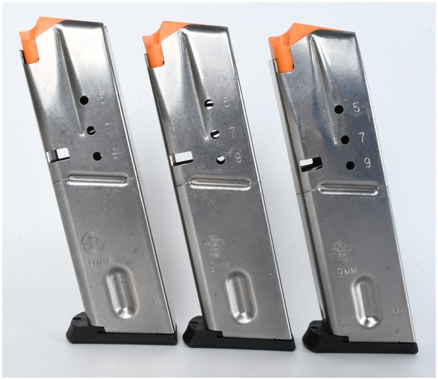 A Trio of Staccato CS and C Series 10 Round 9mm Pistol Magazines: This lot consists of three original equipment manufacturer semi-automatic pistol magazines designed for the Staccato CS and C series chambered in 9mm. Each magazine is constructed with a stainless ste