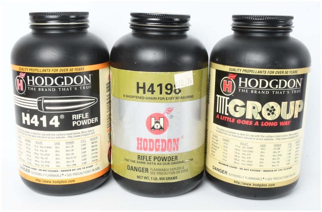 Three Hodgdon H414 H4198 and Titegroup Smokeless Gunpowder Canisters 3 Lbs of Powder (1 of 2)