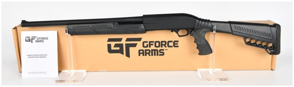 GForce Arms GF2P Pump Action Shotgun 12-Gauge with 20 Inch Barrel: This GForce Arms GF2P is a modern tactical pump-action shotgun chambered for 12-gauge 3-inch shells. The firearm features a 20-inch barrel with a matte black finish and a fixed front blade sight. The