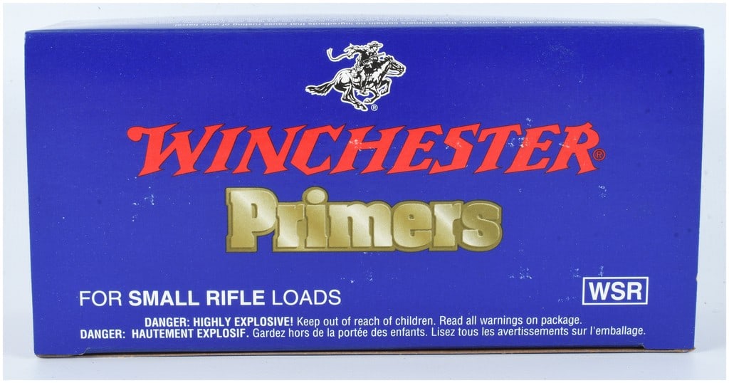 A Lot of 1000 Winchester WSR Small Rifle Primers: This lot consists of a 1000 count quantity of Winchester Small Rifle (WSR) primers intended for reloading small rifle ammunition. The primers are housed in their original blue cardboard packaging feat