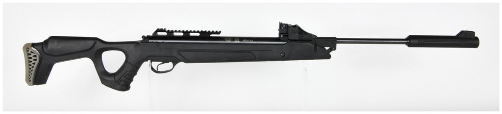 Hatsan SpeedFire Magnum 1250 Break Barrel Air Rifle .22 Caliber with Integrated Sound Moderator: This is a Hatsan SpeedFire Magnum 1250 break-barrel air rifle chambered in .22 caliber (5.5mm), designed as a high-velocity multi-shot repeating airgun. The barrel assembly features an integrated soun