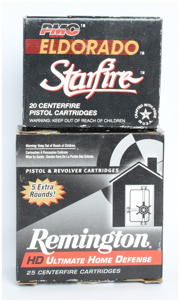 A Lot of 34 Rounds of PMC and Remington 9mm Luger Centerfire Pistol Ammunition: This lot consists of a total of 34 rounds of 9mm Luger centerfire pistol ammunition contained in two partial original boxes. The first box is a PMC Eldorado Starfire which contains 19 rounds of 124 gr