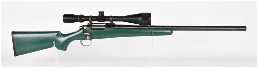 Remington Model 600 Bolt Action Rifle .222 Remington for Parts/Repair: This Remington Model 600 bolt-action rifle is chambered in .222 Remington and is configured as a sporting rifle. It features a blued barrel and receiver mounted in an aftermarket green-painted synthet