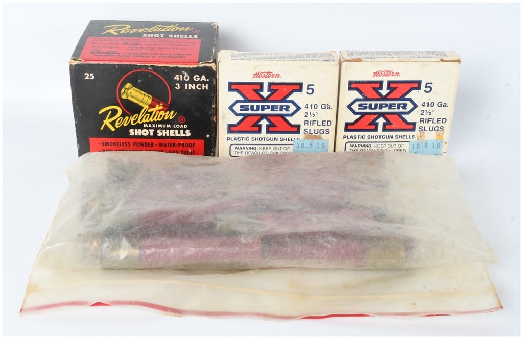 A Lot of 47 Rounds of Revelation and Western Super-X Shotgun Ammunition .410 Gauge: This lot consists of 47 rounds of .410 gauge shotgun ammunition, comprised of three boxes and twelve loose shells. The collection features one box of Revelation Maximum Load Shot Shells for 3-inch cha