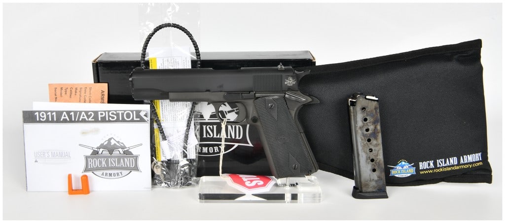 Rock Island Armory M1911 A1-FS Semi-Automatic Pistol .45 ACP with 5 Inch Barrel: This Rock Island Armory M1911 A1-FS is a full-size, single-action semi-automatic pistol chambered in .45 ACP. The firearm features a 5 inch barrel and a matte black Parkerized finish on the slide and