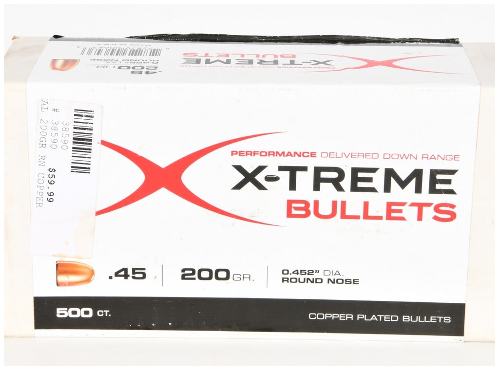A Lot of 500 X-Treme Bullets .45 Caliber 200 Grain Round Nose Copper Plated Projectiles: This lot consists of a factory-packed box of X-Treme Bullets brand copper-plated projectiles intended for ammunition reloading. These projectiles are .45 caliber with a weight of 200 grains and a 0.45