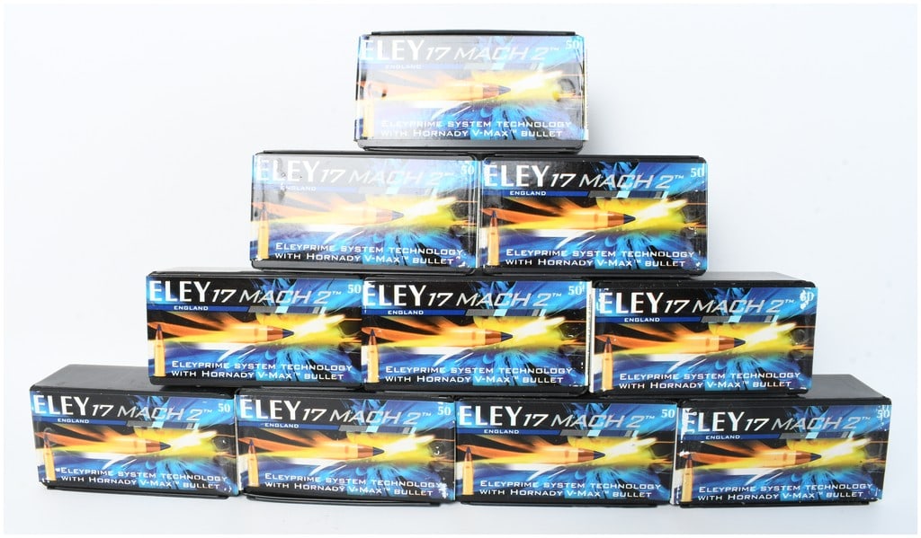 A Lot of 500 Rounds of Eley 17 Mach 2 Rimfire Ammunition: This lot consists of 500 rounds of Eley .17 Mach 2 rimfire ammunition, organized into ten individual fifty-round boxes. Each round is loaded with a Hornady V-Max blue-tipped projectile, which is highl