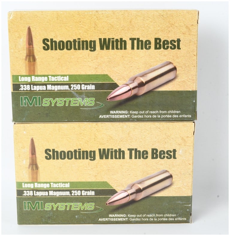 A Lot of 40 IMI Systems Long Range Tactical .338 Lapua Magnum Cartridges: This lot consists of 40 rounds of centerfire rifle ammunition manufactured by IMI Systems. The cartridges are chambered in .338 Lapua Magnum and feature 250-grain Long Range Tactical bullets. Each car