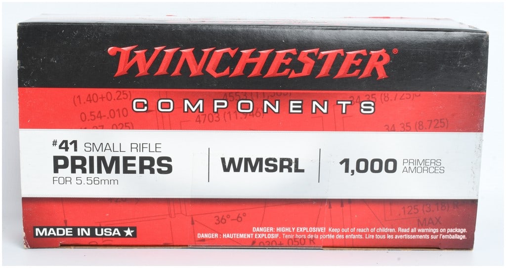 Winchester #41 Small Rifle Primers for 5.56mm NATO 1,000 Count: This lot consists of a factory brick of 1,000 Winchester #41 small rifle primers specifically engineered for use with 5.56mm NATO-spec military ammunition. These specialized primers feature a thicker 
