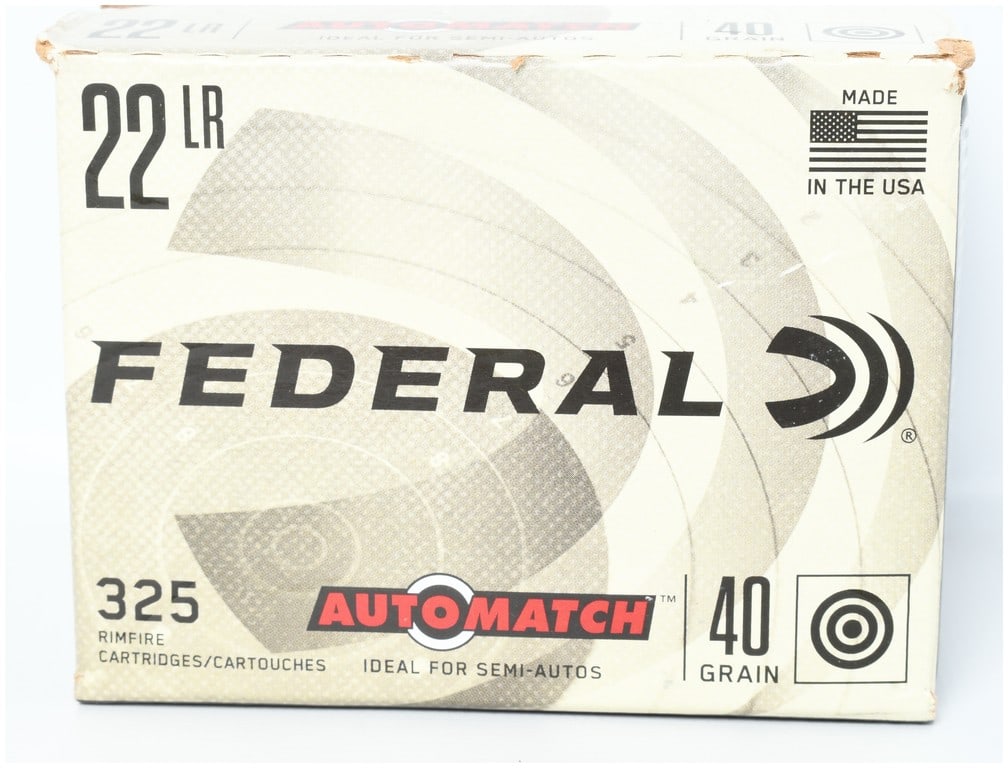 Federal AutoMatch .22 LR Rimfire Ammunition A Lot of 325 Rounds: This lot consists of one 325-round bulk pack box of Federal AutoMatch .22 Long Rifle rimfire ammunition. These cartridges feature 40-grain lead round nose bullets specifically optimized for reliable c