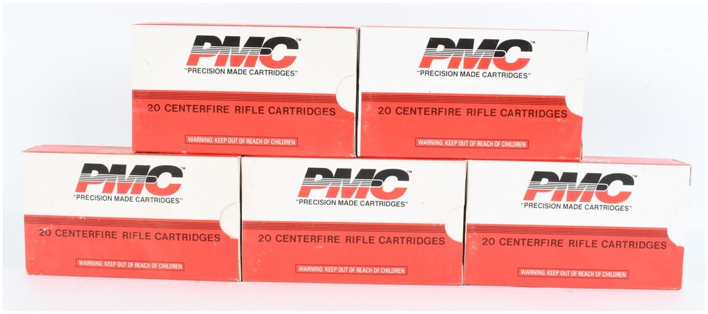 A Lot of 100 Rounds of PMC Precision Made Cartridges .222 Remington 50 Grain PSP Rifle Ammunition: This lot consists of one hundred rounds of PMC Precision Made Cartridges centerfire rifle ammunition chambered in .222 Remington. The ammunition is divided into five individual white and red cardboard