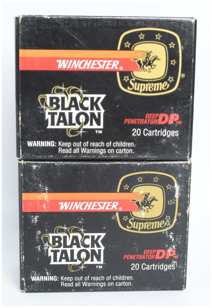 A Lot of 37 Rounds of Winchester Supreme Black Talon .45 Automatic Ammunition: This lot consists of 37 rounds of Winchester Supreme Black Talon .45 Automatic ammunition, a discontinued and highly collectible defensive load. Each cartridge is topped with a 230-grain SXT hollow po
