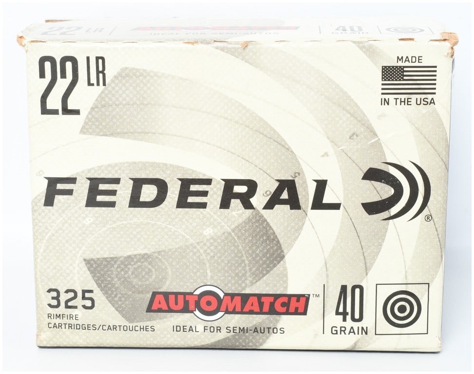 Federal Champion AutoMatch Ammunition .22 Long Rifle: This lot consists of one box containing 325 cartridges of Federal Champion AutoMatch .22 Long Rifle rimfire ammunition. These rounds feature a 40-grain lead round nose bullet designed for reliable cyc