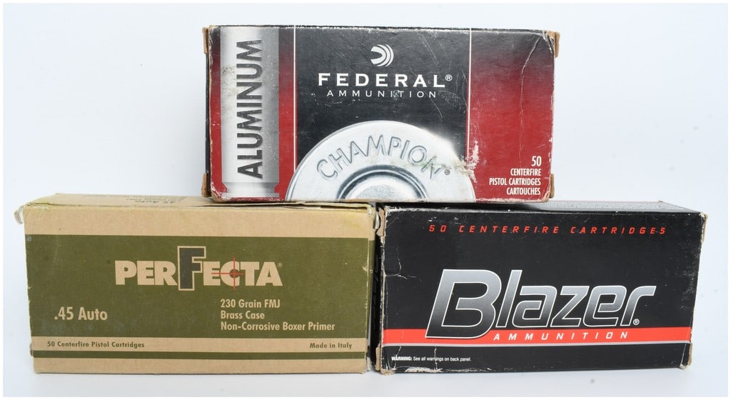 A Collection of 150 Rounds of Federal, Perfecta, and Blazer .45 Auto Ammunition: This lot comprises a collection of 150 rounds of .45 Auto centerfire pistol ammunition produced by Federal, Perfecta, and Blazer. The assortment consists of 230 grain Full Metal Jacket projectiles sui