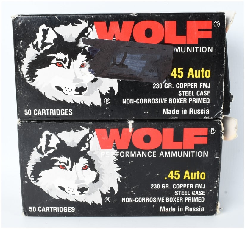 A Lot of 91 Rounds of Wolf Performance Ammunition .45 Auto: This lot consists of a total of 91 rounds of Wolf brand .45 Auto ammunition, presented in two original 50-round cardboard boxes and one plastic organizing tray. The packaging includes one box labeled 