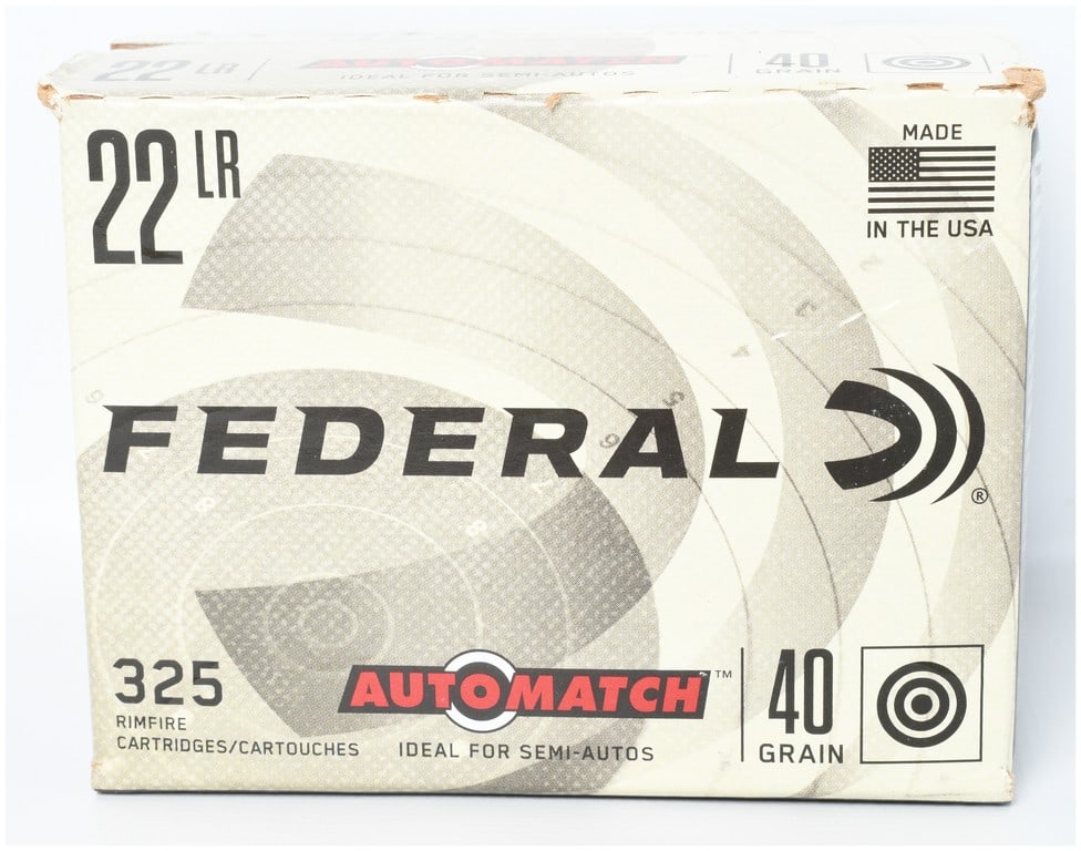 Federal AutoMatch Rimfire Ammunition .22 Long Rifle 325 Rounds: This lot features a single box containing 325 rounds of Federal AutoMatch .22 Long Rifle rimfire ammunition. These 40-grain lead round nose cartridges are specifically optimized for reliable cycling i