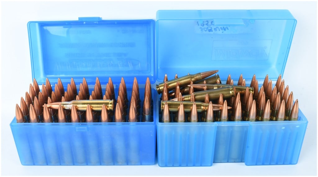 A Lot of 105 Rounds of Remanufactured .308 Winchester Centerfire Ammunition: This lot consists of 105 rounds of remanufactured .308 Winchester centerfire rifle ammunition. The cartridges feature brass cases and copper-jacketed pointed bullets consistent with full metal jacket 