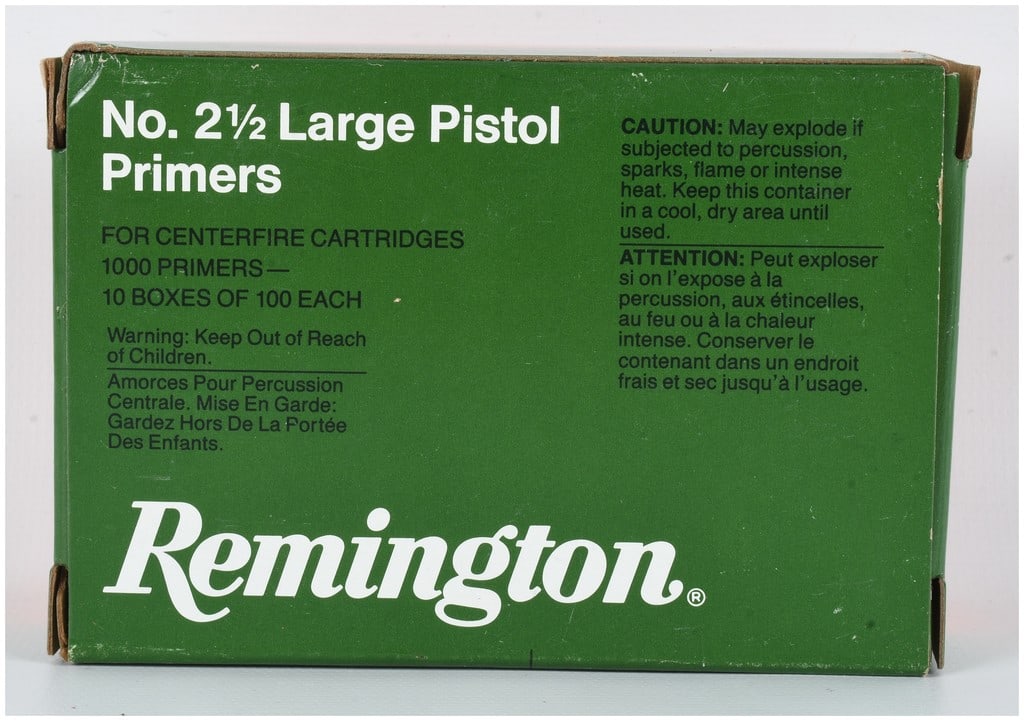 A Lot of 1000 Remington No. 2 1/2 Large Pistol Primers for Centerfire Cartridges: This lot consists of 1000 Remington No. 2 1/2 Large Pistol Primers designed for use in reloading centerfire cartridges. The ammunition components are contained within their original retail packaging, 