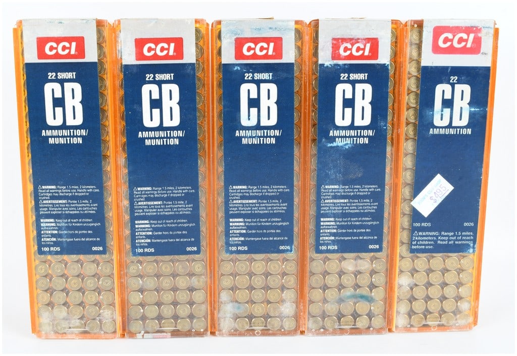 A Lot of 500 Rounds of CCI CB .22 Short Rimfire Ammunition: This lot consists of 500 rounds of CCI CB .22 Short rimfire ammunition, contained within five 100-round clear orange plastic sliding-top cases. The ammunition features 29-grain lead round-nose bullets