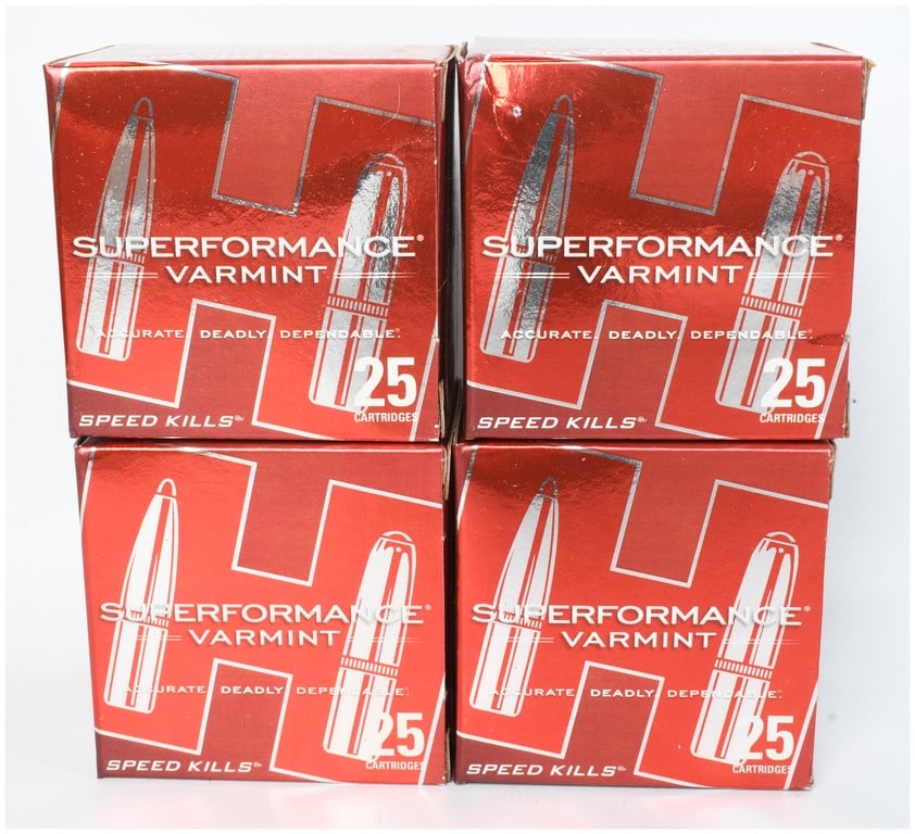 A Lot of 100 Rounds of Hornady Superformance Varmint .17 Hornet Ammunition: This lot consists of a total of 100 rounds of Hornady Superformance Varmint ammunition chambered in .17 Hornet. The ammunition features 15.5 grain NTX non-toxic projectiles with distinctive brown poly