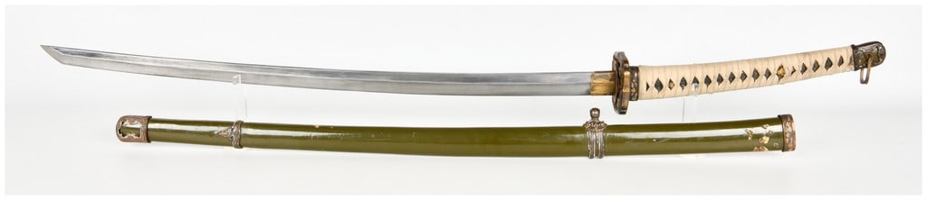 WWII Japanese Imperial Army Type 98 Officer Shin-gunto Katana Signed Yamakawa Hachiro: This Japanese katana is an Imperial Japanese Army Type 98 officer sword produced during the WWII era. The hand-forged steel blade displays a wood-grain grain pattern known as itame hada and a visible 