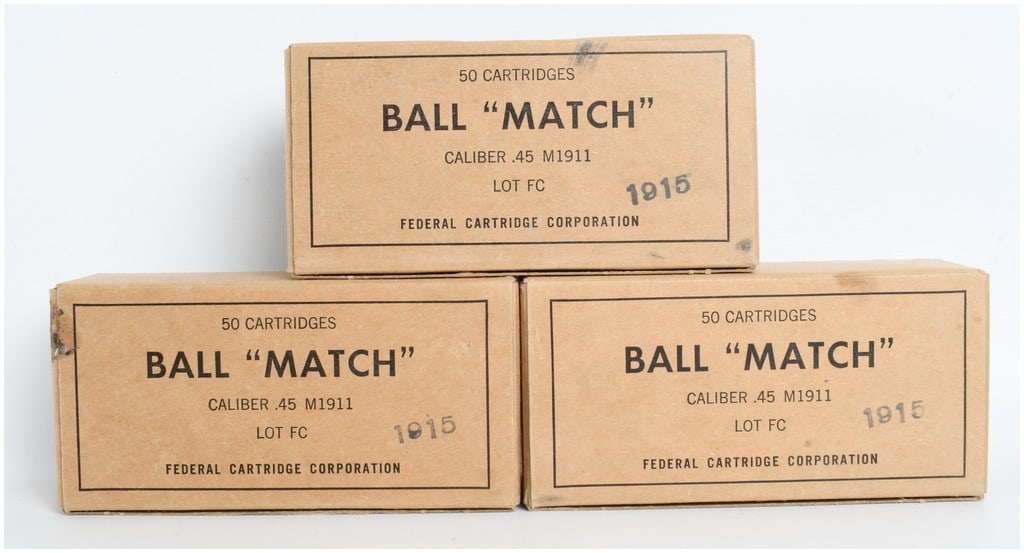 Federal Cartridge Corporation Ball Match Ammunition .45 ACP 117 Rounds: This lot consists of 117 rounds of .45 caliber ammunition produced by the Federal Cartridge Corporation, housed in three original two-piece cardboard boxes. The ammunition is designated as Ball Match,