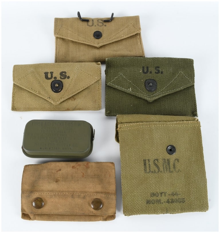 A Group of World War II Era US Army and USMC First Aid Pouches and Carlisle Packet Tin (1 of 4)
