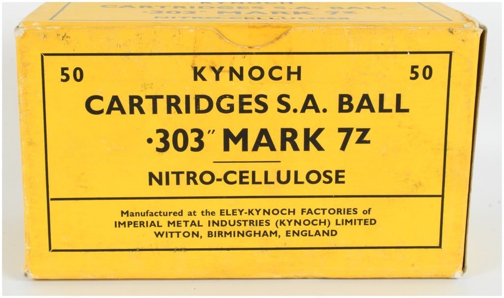 A Lot of 50 Kynoch Mark 7Z .303 British Ball Cartridges 1969: This lot features a full box of 50 rounds of .303 British Mark 7Z small arms ball ammunition produced by Kynoch. The cartridges are housed in their original yellow and black cardboard box and are seat