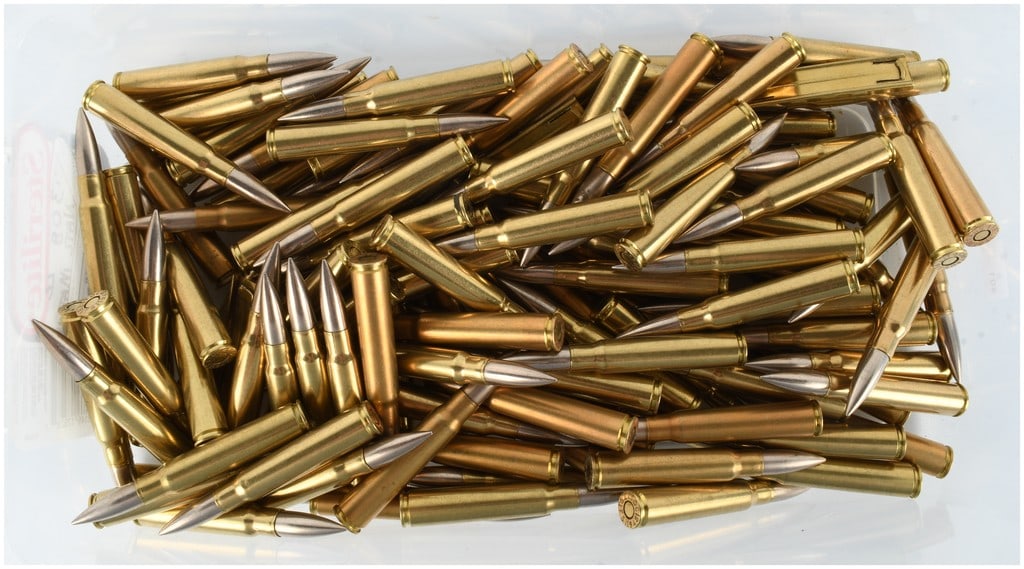 A Lot of 125 Rounds Société Française des Munitions 8mm Mauser Rifle Ammunition 1943: This lot consists of 125 rounds of 8mm Mauser (7.92x57mm) rifle ammunition manufactured by Société Française des Munitions (SFM) in 1943 during the German occupation of France. The cartridges featu