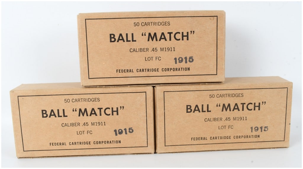 Federal Cartridge Corporation Ball Match .45 M1911 Pistol Ammunition 150 Rounds: This lot consists of a total of 150 rounds of .45 caliber ammunition manufactured by the Federal Cartridge Corporation, divided into three original cardboard boxes. Each box contains 50 cartridges of 