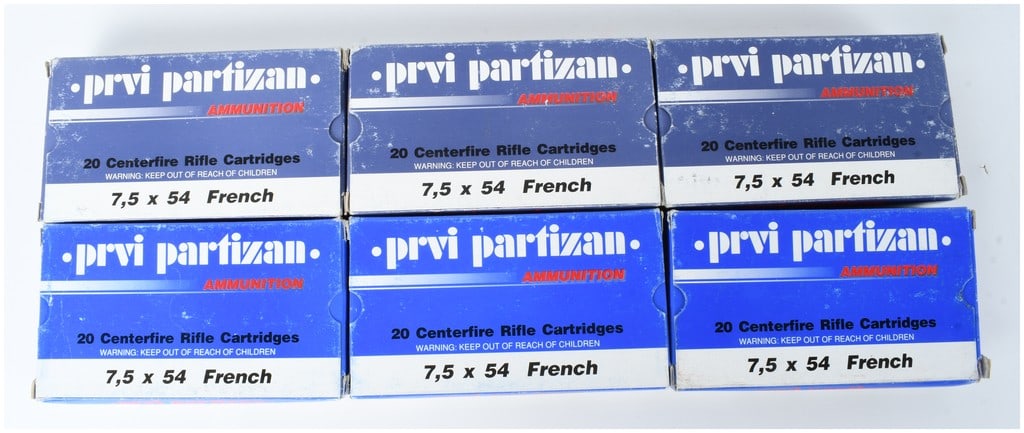 A Lot of 120 Rounds of Prvi Partizan 7.5x54 French Ammunition: This lot contains a total of 120 rounds of Prvi Partizan centerfire rifle ammunition chambered in 7.5x54 French. The cartridges are loaded with 139-grain full metal jacket bullets and housed in boxer-