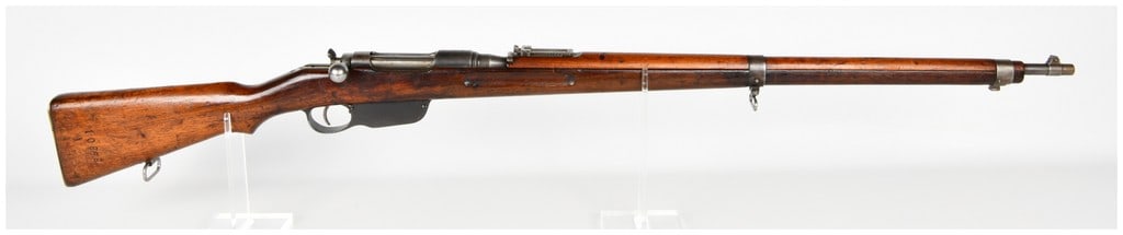 Steyr-Mannlicher Model 1895 Straight-Pull Bolt Action Rifle 8x56mmR with 30 Inch Barrel: This Steyr-Mannlicher Model 1895 is a straight-pull bolt-action infantry rifle rechambered for the 8x56mmR cartridge. Designed for the Austro-Hungarian military, this example features the standard lon