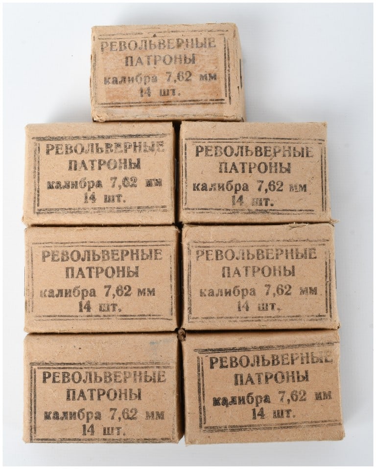 Soviet 7.62x38mmR Nagant Revolver Ammunition 7.62mm 98 Rounds WWII Era: This lot consists of a collection of 98 rounds of Soviet 7.62x38mmR Nagant revolver ammunition housed in seven original cardboard boxes. These cartridges were designed for use in the M1895 Nagant revo