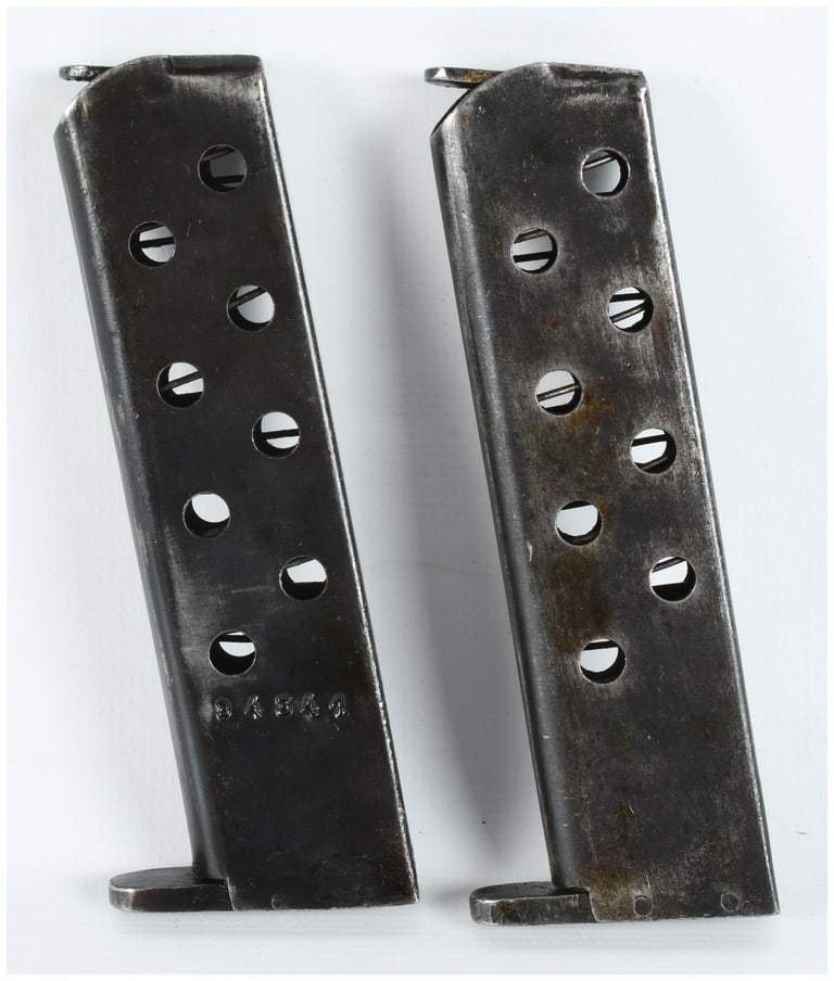 A Pair of Spanish Ruby Pistol Magazines: A pair of original magazines for a Spanish Ruby semi-automatic pistol. These magazines are designed for .32 ACP (7.65mm Browning) ammunition with a 9-round capacity. The bodies are constructed of blue