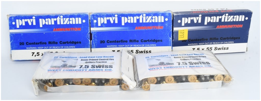 A Lot of 100 Rounds of Prvi Partizan and West Endicott Arms 7.5x55mm Swiss Ammunition: A lot of 100 rounds of 7.5x55mm Swiss centerfire rifle ammunition, professionally divided into five 20-round units. The lot features three original factory boxes of Prvi Partizan (PPU) ammunition, con