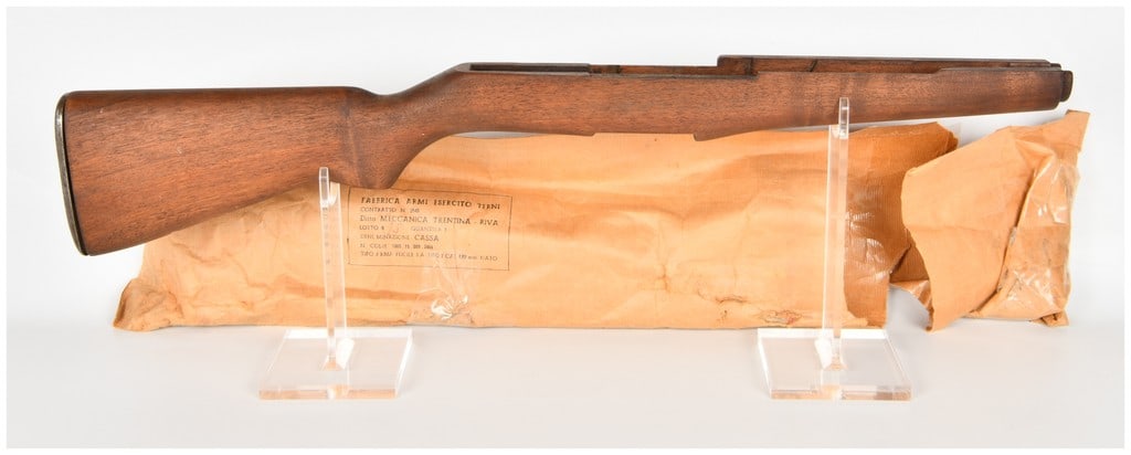 Terni Fucile S.A. Tipo 2 Semi-Automatic Rifle Two-Piece Furniture Set 7.62mm NATO: A two-piece hardwood furniture set designed for the Italian Fucile S.A. Tipo 2, a shortened semi-automatic rifle variant of the M1 Garand system chambered in 7.62mm NATO. The set consists of a main ri