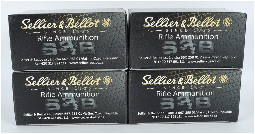 A Lot of 200 Rounds of Sellier & Bellot FMJ Rifle Ammunition .30 Carbine: A lot consisting of 200 rounds of .30 Carbine centerfire rifle ammunition manufactured by Sellier & Bellot in the Czech Republic. The ammunition is contained within four retail boxes, each providing f