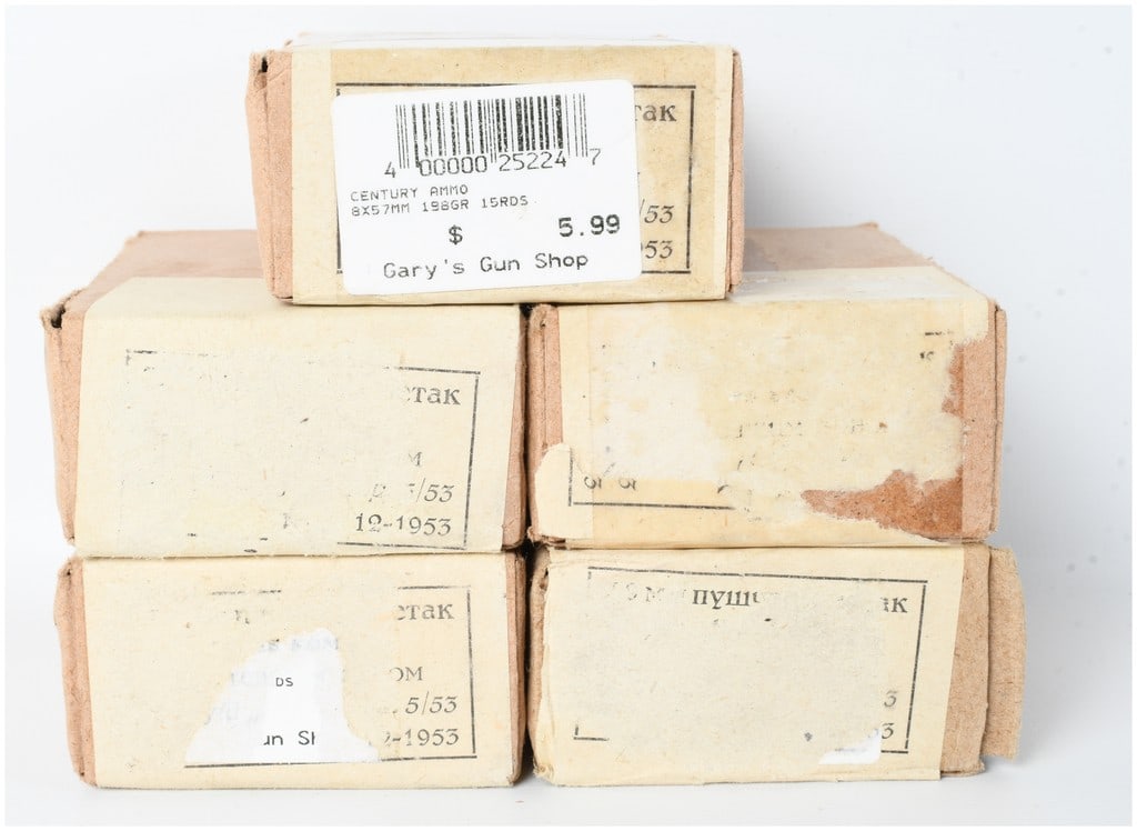 A Lot of 45 Rounds of 8x57mm Ammunition 1953: This lot consists of 45 rounds of 8x57mm military surplus ammunition, commonly known as 8mm Mauser, housed in five original cardboard boxes. The cartridges feature 198-grain full metal jacket bullets.