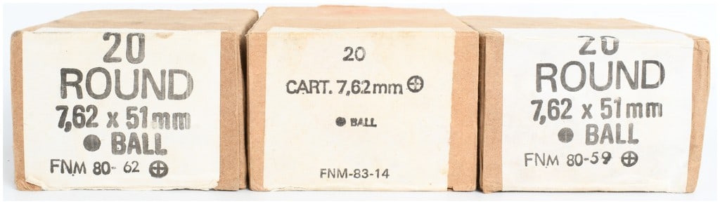 A Lot of 60 Rounds of FNM NATO Ball Ammunition 7.62 x 51mm: This lot consists of 60 rounds of military surplus 7.62 x 51mm NATO ammunition manufactured in Portugal by Fabrica Nacional de Municoes de Armas Ligeiras (FNM). The ammunition is contained within thre