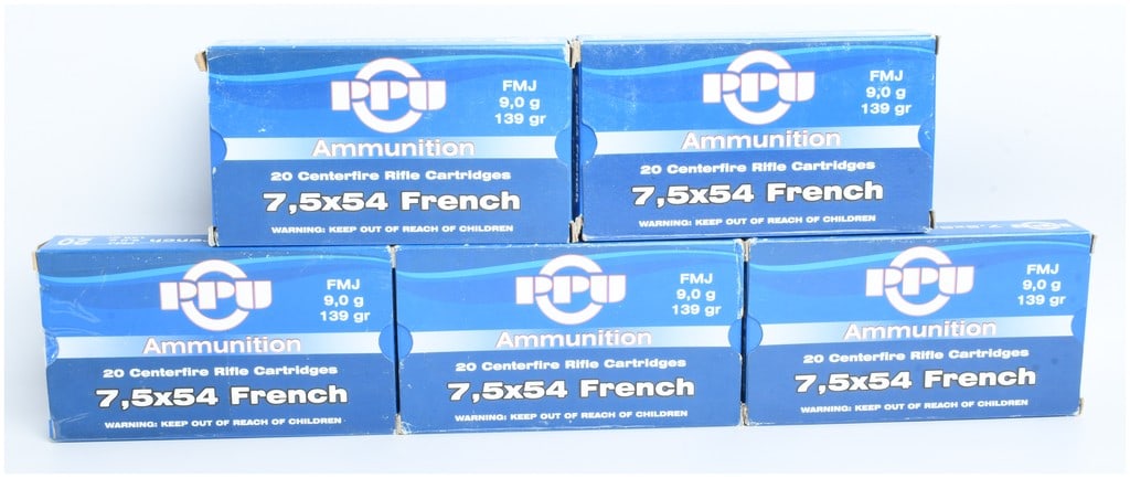 A Lot of 100 Rounds PPU FMJ Rifle Ammunition 7.5x54 French: This lot features 100 rounds of PPU centerfire rifle ammunition chambered in caliber 7.5x54 French, divided into five retail boxes of twenty cartridges each. Each cartridge is equipped with a 139-grai