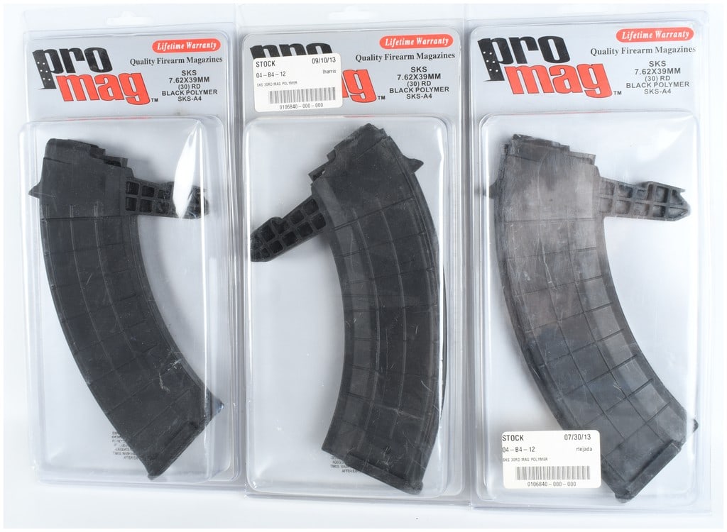 Three ProMag SKS-A4 30-Round Magazines 7.62x39mm: This lot comprises three ProMag 30-round detachable magazines designed for use with SKS rifles chambered in 7.62x39mm. Each magazine is constructed from durable black polymer and features a waffle-pat