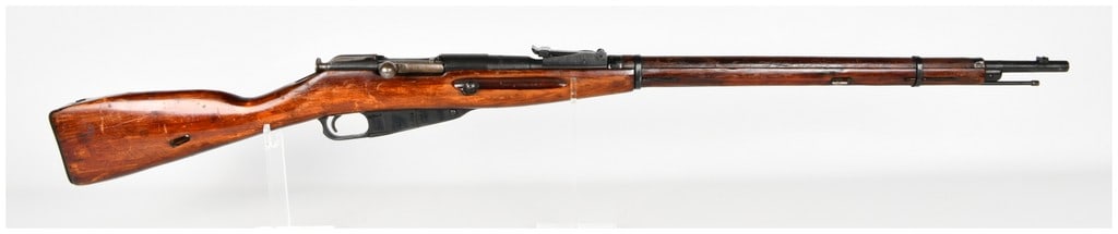 Izhevsk Mosin-Nagant Model 1891/30 Bolt Action Rifle 7.62x54R 1943: This is a single Soviet Mosin-Nagant Model 1891/30 bolt-action rifle chambered in 7.62x54R, a standard infantry configuration from World War II. The rifle features a blued finish on the metal componen