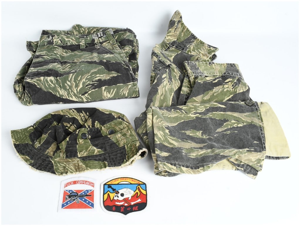 A Collection of Tigerstripe Camouflage Uniform Components and Vietnam War Style Morale Patches (1 of 5)