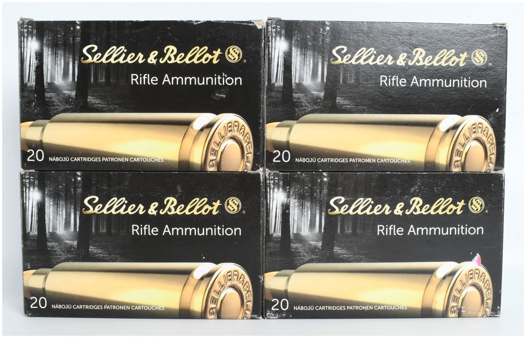 A Lot of 80 Rounds of Sellier and Bellot 7x57mm and 7x57R Mauser Rifle Ammunition: This lot consists of eighty rounds of centerfire rifle ammunition manufactured by Sellier and Bellot, contained within four individual boxes of twenty rounds each. The ammunition features 173-grain (1