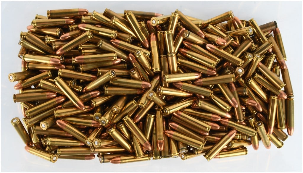 A Lot of 431 Rounds of Mixed .30 Carbine Ammunition: This lot consists of 431 rounds of loose centerfire ammunition chambered for the .30 Carbine. The cartridges are of mixed manufacture and feature brass casings with copper-jacketed round nose full met
