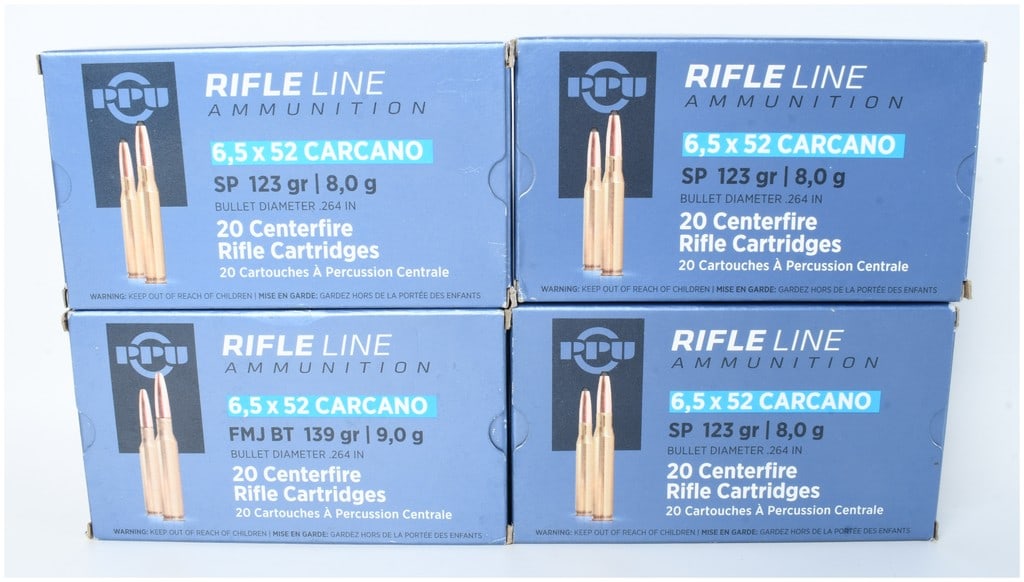 A Lot of 60 Rounds of PPU Rifle Line Ammunition 6.5 x 52 Carcano: This lot consists of 60 rounds of PPU (Prvi Partizan) Rifle Line centerfire rifle ammunition chambered in 6.5 x 52 Carcano. The collection includes both soft point (SP) and full metal jacket boat tail