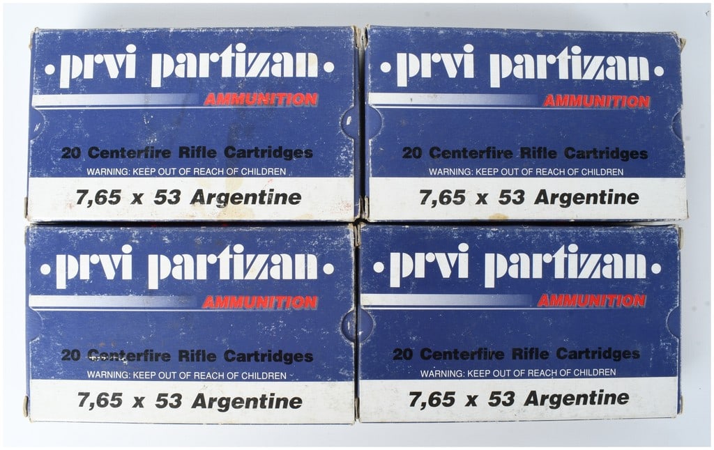 A Lot of 80 Rounds of Prvi Partizan 7.65x53 Argentine Ammunition: This lot consists of 80 rounds of centerfire rifle ammunition chambered in 7.65x53 Argentine. The ammunition is contained within four original Prvi Partizan cardboard boxes, each originally designated