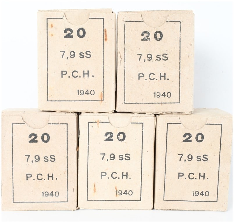 A Lot of 100 Rounds of Greek Powder and Cartridge Company 7.92x57mm Mauser Ammunition 1940: This lot consists of 100 rounds of Greek military surplus 7.92x57mm Mauser ammunition, organized into five original tan cardboard thumb-notch boxes. Each box contains 20 rounds of heavy sS (schweres